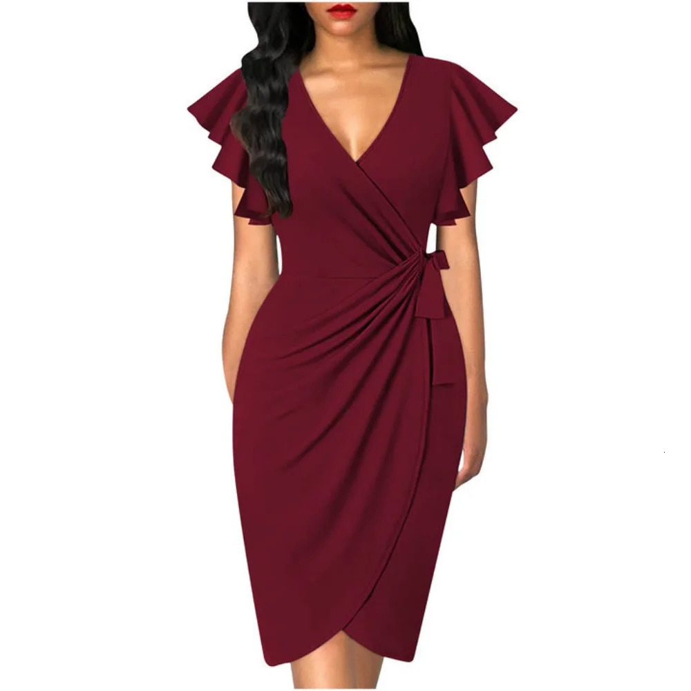 Sexy summer dress cocktail artificial packaging deep Vneck ruffled sleeves party work women formal wedding 250320