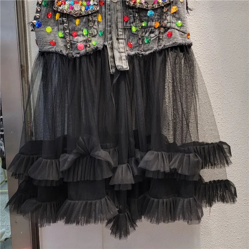 Women Rainbow Color Diamonds Beaded Mesh Ruffles Splice Jeans Jacket Multi-layers Mesh Rhinestone Denim Vests Cardigan Tank Tops 250320