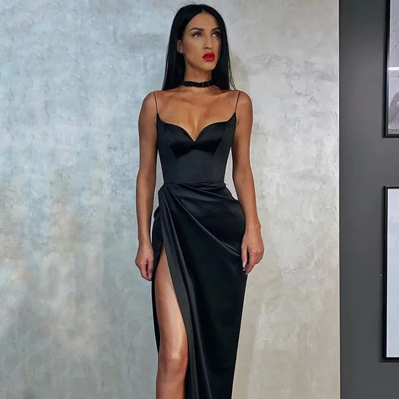 Womens satin dress sexy Vneck spaghetti strap sleeveless high cut summer evening party vest Maxi 250320