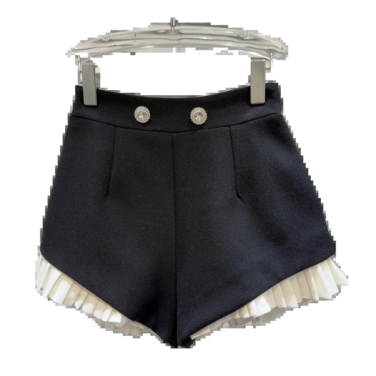 PREPOMP Spring Arrival Rhinestone Metal Buttons Ruched Ruffles Black Shorts Women GP217 250320