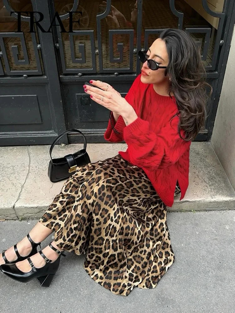 TRAFZA Female Elegant Midi Skirts Retro Leopard Print High Waist Satin A-Line Womens Fashion Bottoms Streetwear Midi Skirt 250320