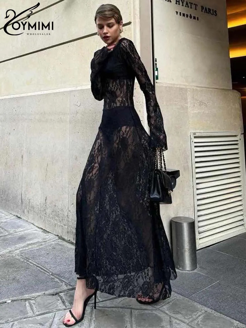 Oymimi Sexy Black Lace Womens Dress Elegant ONeck Long Sleeve Transparent Dresses Fashion Straight AnkleLength Female 250320