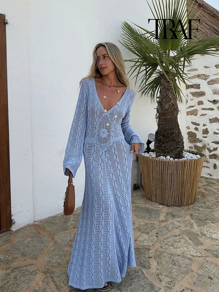 TRAF Womens Fashion Elegant Knitted Beach Long Dress Casual Blue Vneck Sleeve Transparent Autumn Holiday Travel Robe 250317