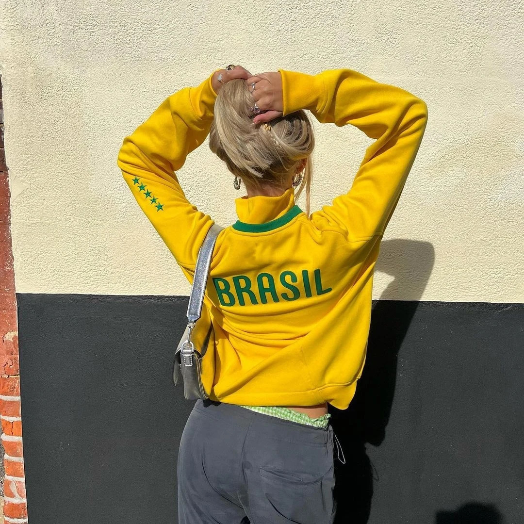 Y2K Aesthetic Vintage Slim Fit Yellow Sweatshirts BRASIL Letter Embroidery Graphic Womens 00s Retro Hooded Zip Up Jackets Coats 250320