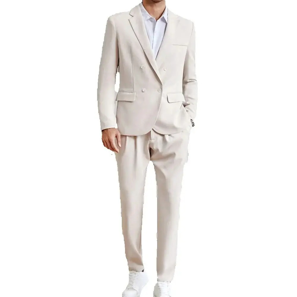Elegant Beige Mens Suits Double Breasted 2 Pieces Jacket Pants Blazers Sets Formal Wedding Business Slim Fit Male Clothing 250311