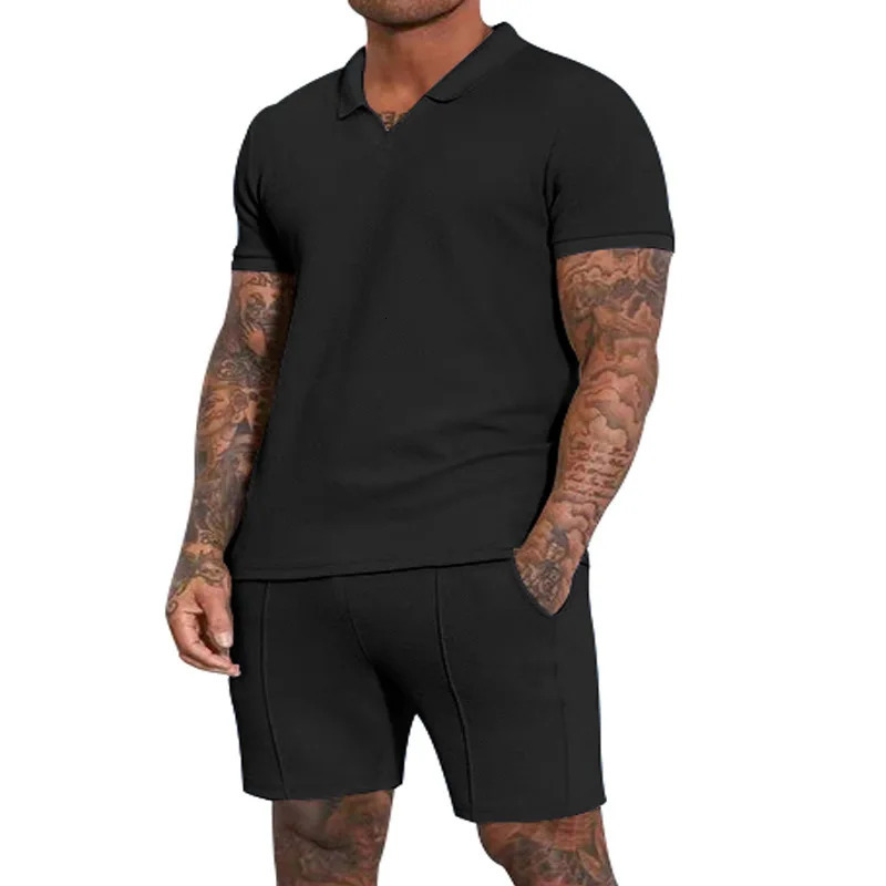 Mens clothing set summer item oversized heavy-duty waffle collar polo short sleeved set 250318