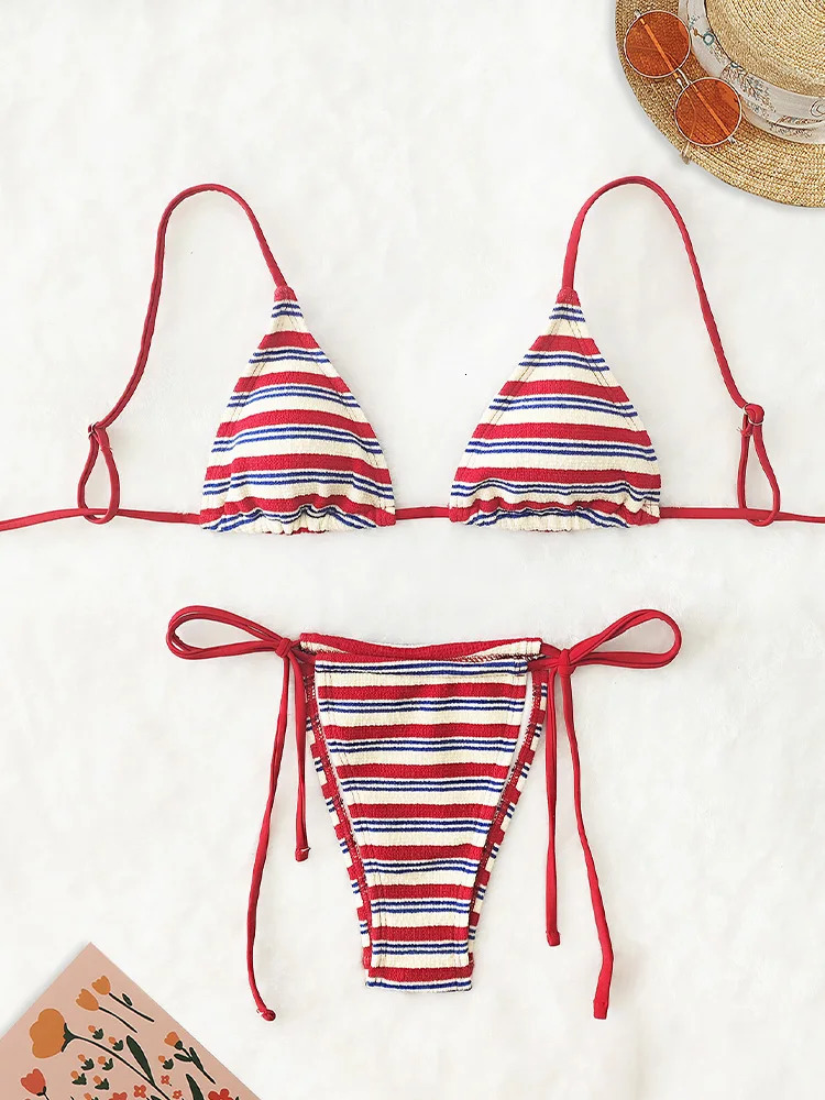 Sexy lace striped backless bikini 2piece set womens split swimsuit beach style 2025 summer 250320