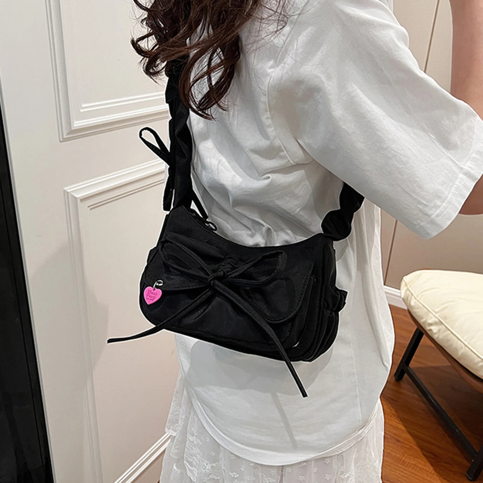 1 piece/batch of black bow womens casual shoulder bag Korean style washed denim summer handbag ladies birthday Exquisite gift 250320
