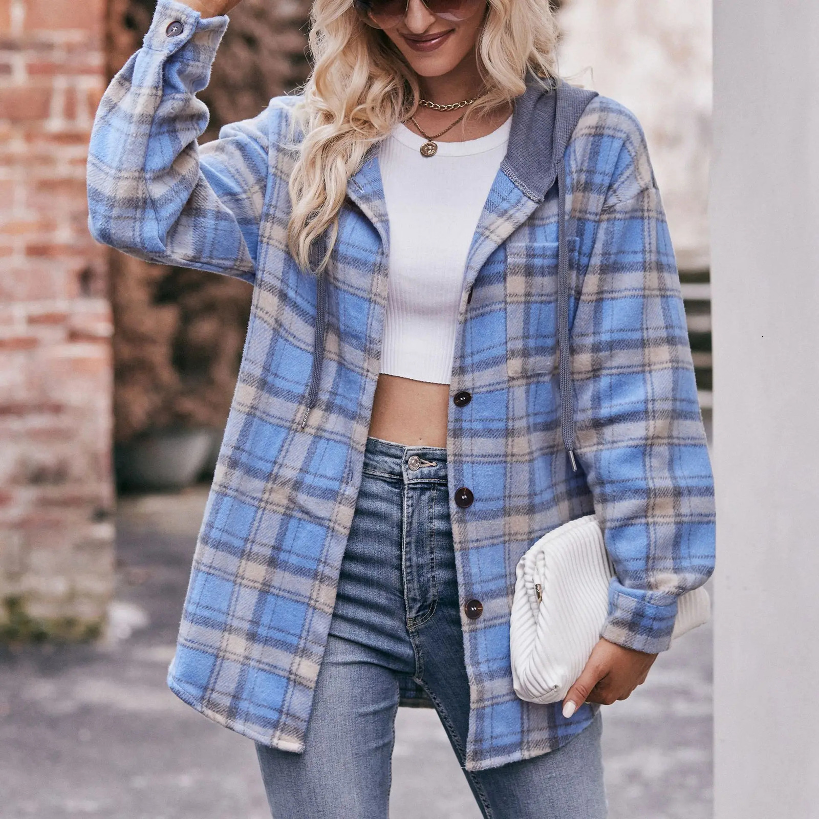 Spring Autumn Women Flannel Jacket Female Checkered Contrast Drawstring Hooded Casual Shirt Coat Womens Oversize Windbreaker 250313