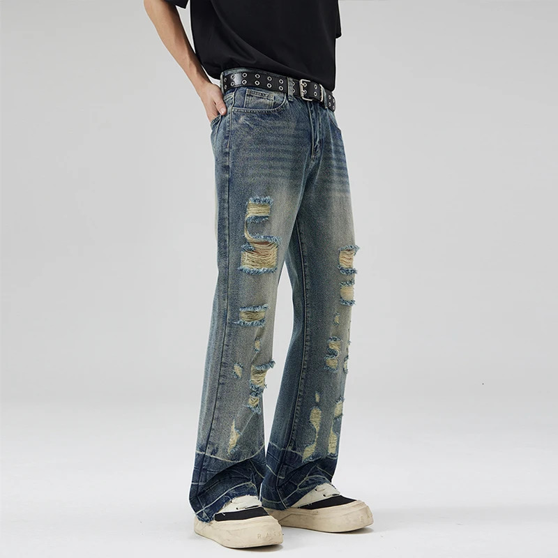 SpringSummer American Ripple Tear Hip Hop Jeans Mens Straight Micro Shining Street Trend Trouser 250317