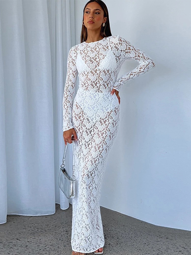 Trendix Sexy Lace See Through Dress Womens Solid Long Sleeve O Neck Elegant Evening Dresses Fashion Hollow Beach Party 250320