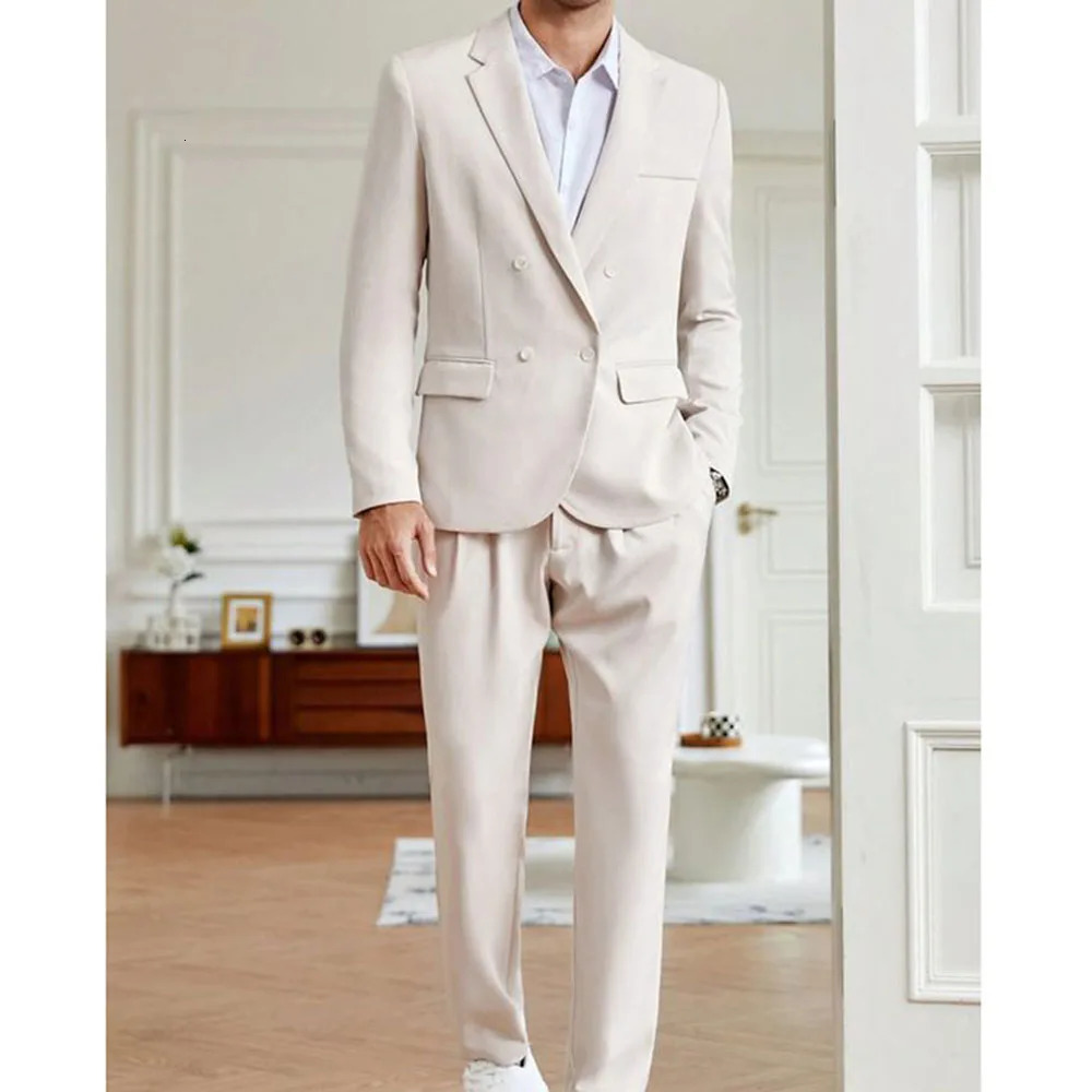 Elegant Beige Mens Suits Double Breasted 2 Pieces Jacket Pants Blazers Sets Formal Wedding Business Slim Fit Male Clothing 250311