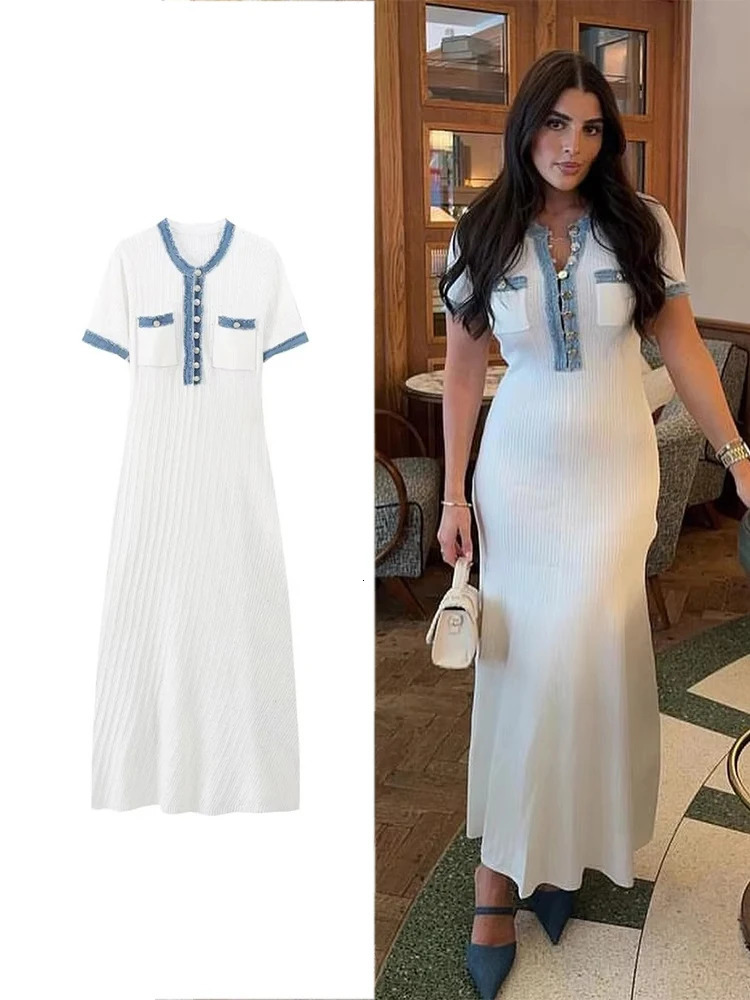 TRAF Women Fashion Splicing Knit Slim Long Dress Elegant Vneck Short Sleeve Button Casual Maxi Pleated Wrap Party Dresses 250317