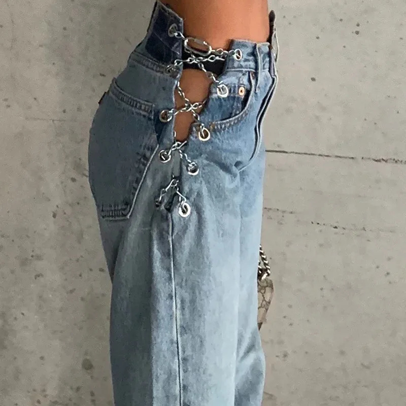 Spring and summer side cross chain hollow outer wide leg womens jeans high waisted pants sexy and elegant womens European fashion jeans 250320