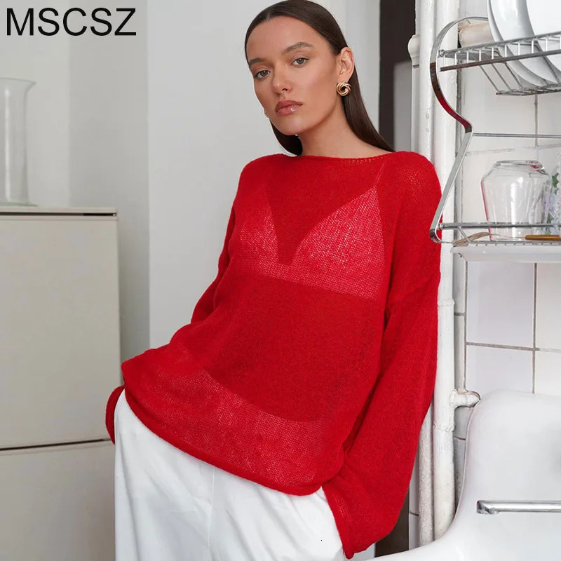 MSCSZ Red Long Sleeve Oversized Sweater Women Transparent Knitted Sweater 2025 Spring Autumn Cozy Sweaters Pullover Tops 250319