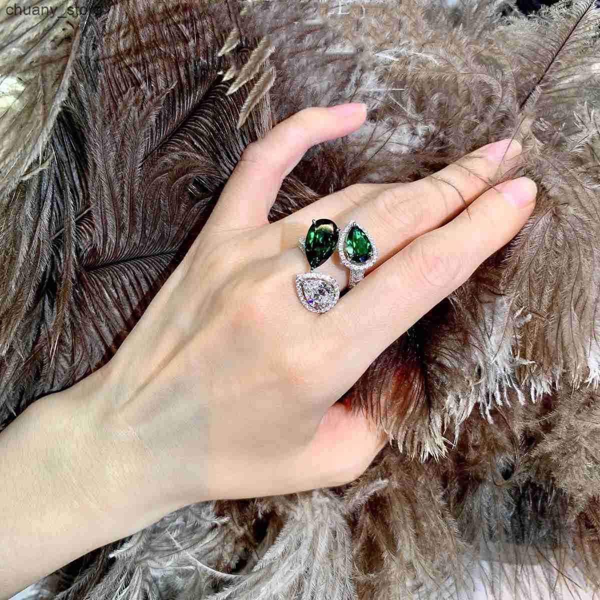 Solitaire Ring Three Stone Green White Gemstone Rings for Female 925 Silver Retro Cocktail Party Ring Unique Design Resizable Jewelry z250321