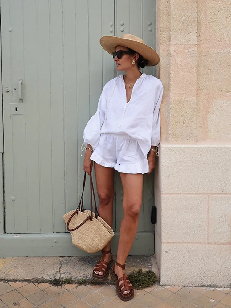 White Loose V Neck Puff Lace Long Sleeve Shirt Suits Women Casual Lace Up Pledted Solid Short Pants Sets Beach Vocation Outfits 250320