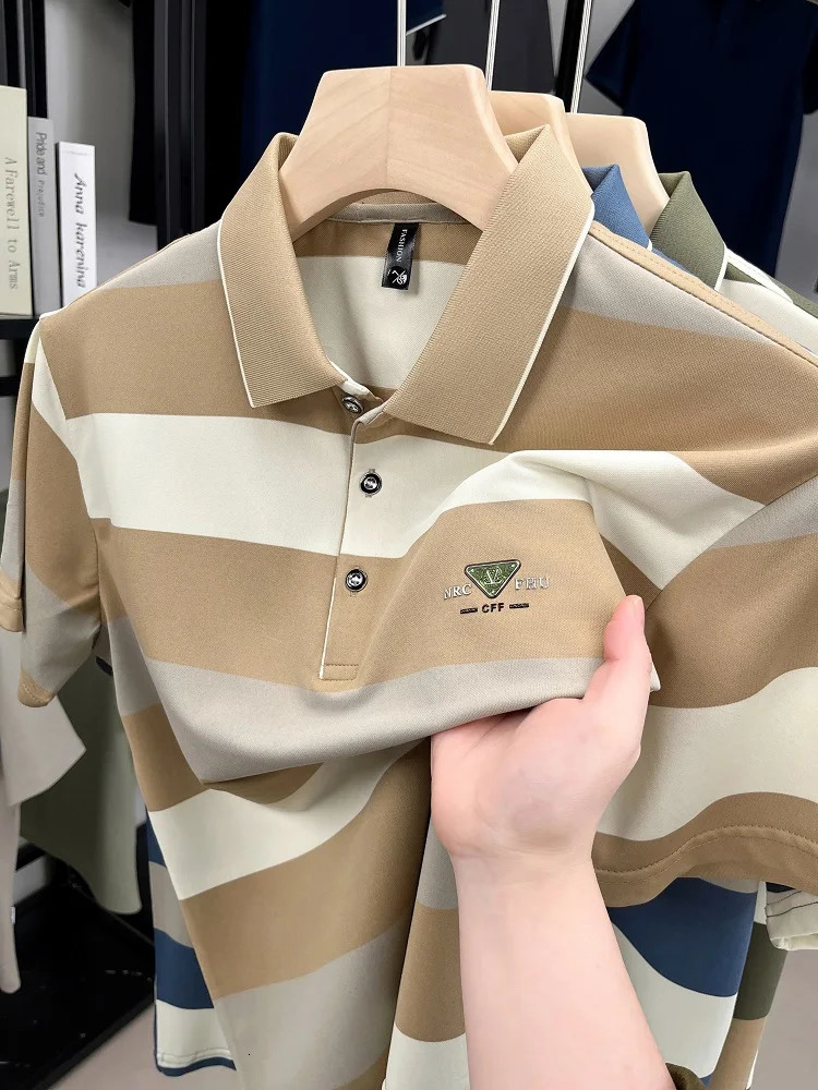 High end short sleeve polo shirt mens 2025 summer trend striped lapel T-shirt casual business Paul mens clothing 250320