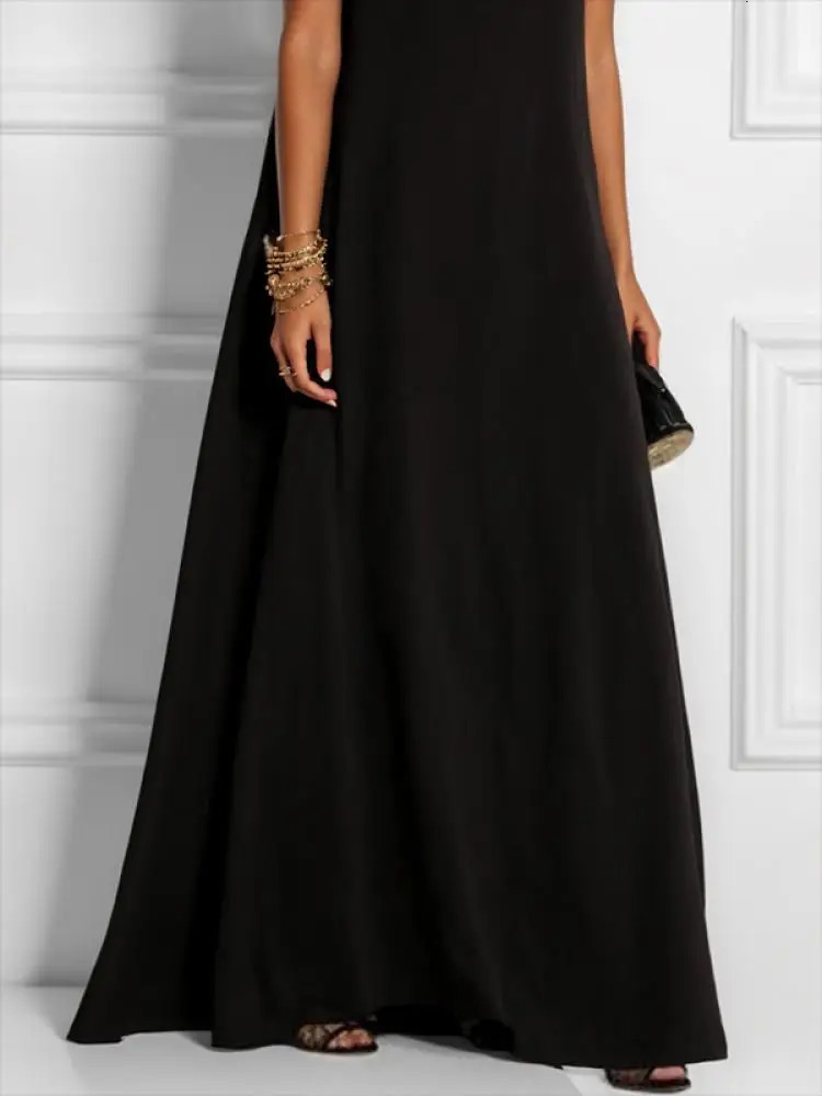 Yeezzi Womens Hollow Solid Color Round Neck Evening Dress Summer Dress Loose V-Back Casual Black Dress 250320
