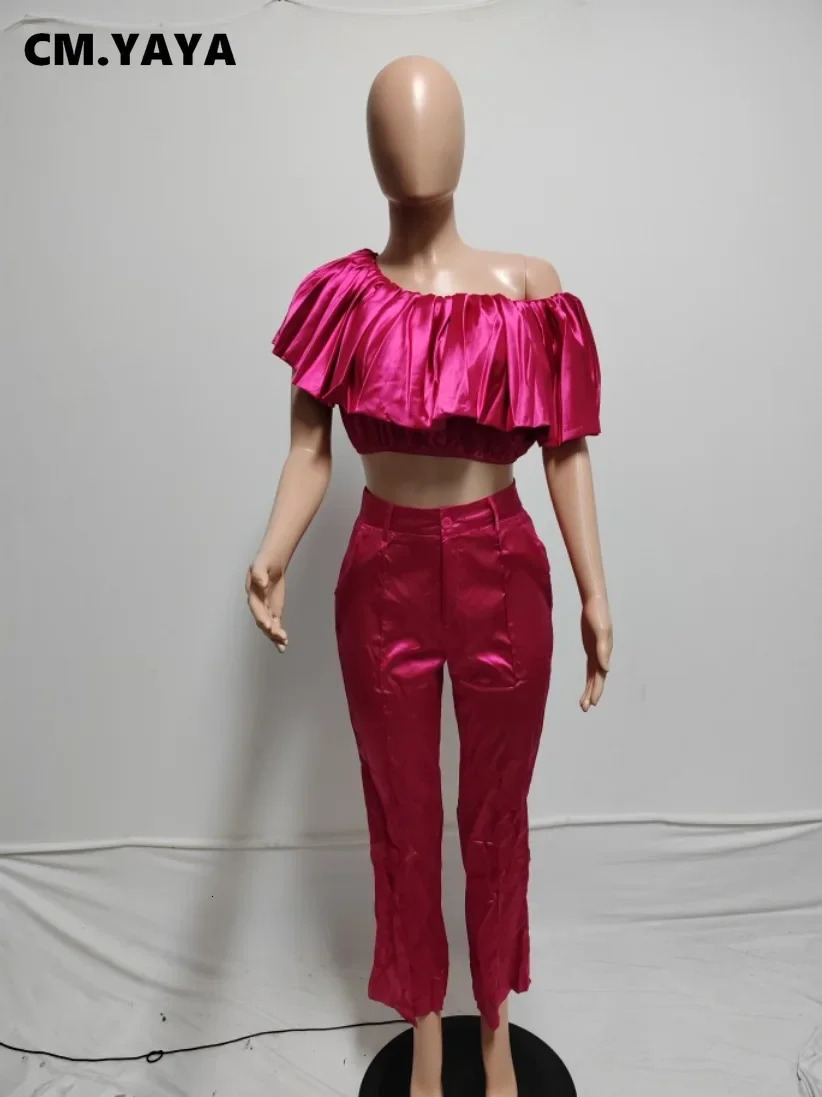 CM.YAYA Fashion Satin Womens Set Butterfly Sleeve Crop Top and Wide Leg Pants Suit Party Club Even Two 2 Piece Sets Outfit 250320