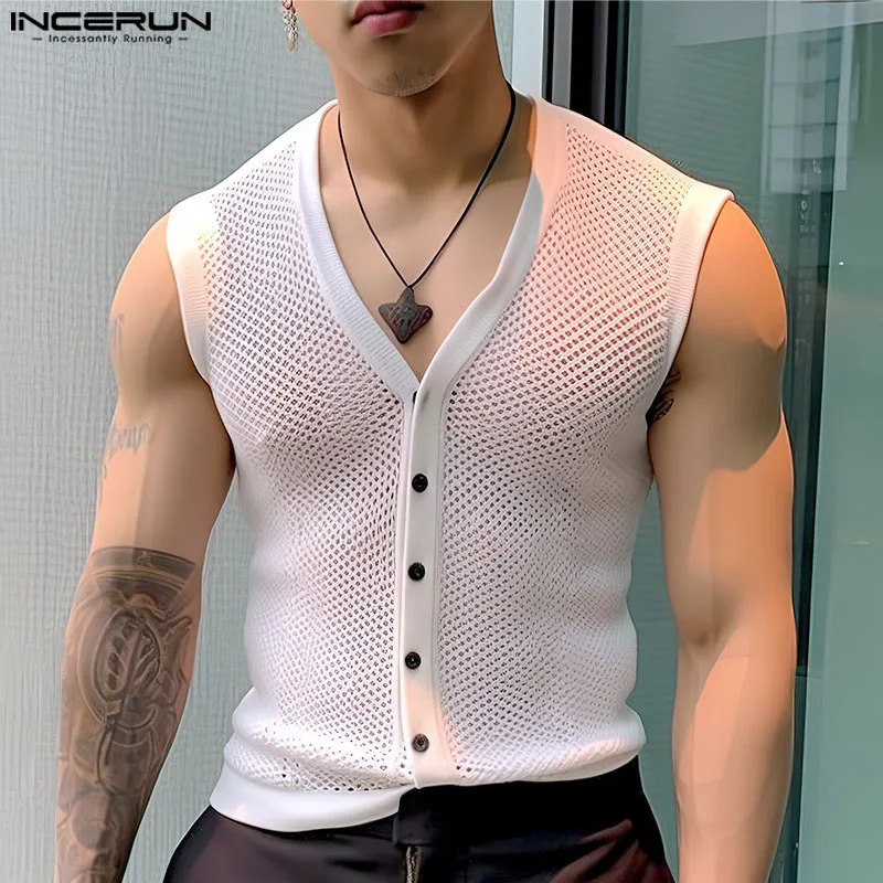 Fashion casual style top INCERUN mens personalized hollow mesh vest summer sexy mens selling V-neck sleeveless vest S-5XL 250318