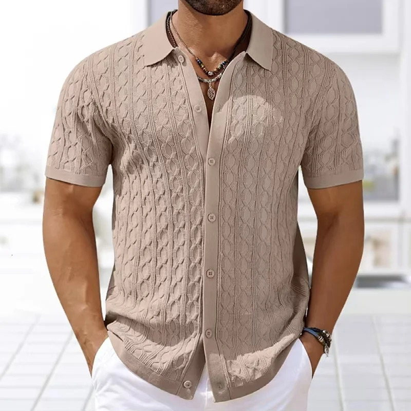 Summe Embroidered Mens Short Sleeve Fashion Knitted Shirt 2025 Business Solid Color Casual Button Open Polo Top 250320