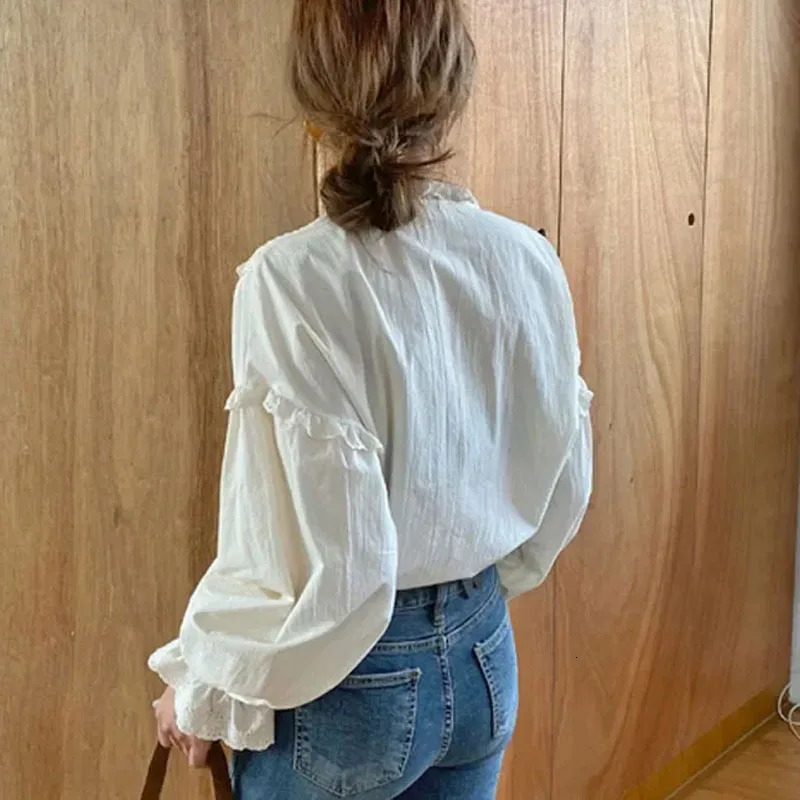 Spring Summer Vintage Fashion Long Sleeve Women Lace Blouse Elegant Hollow Out Solid Lace Up Bow Loose Blouses 9580 250320