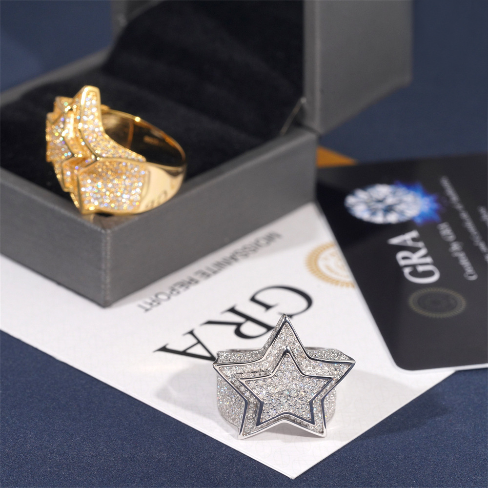 Hip hop S925 silver set D-color VVS Mozambique pentagram ring for men and women in Ins fashion trend full diamond