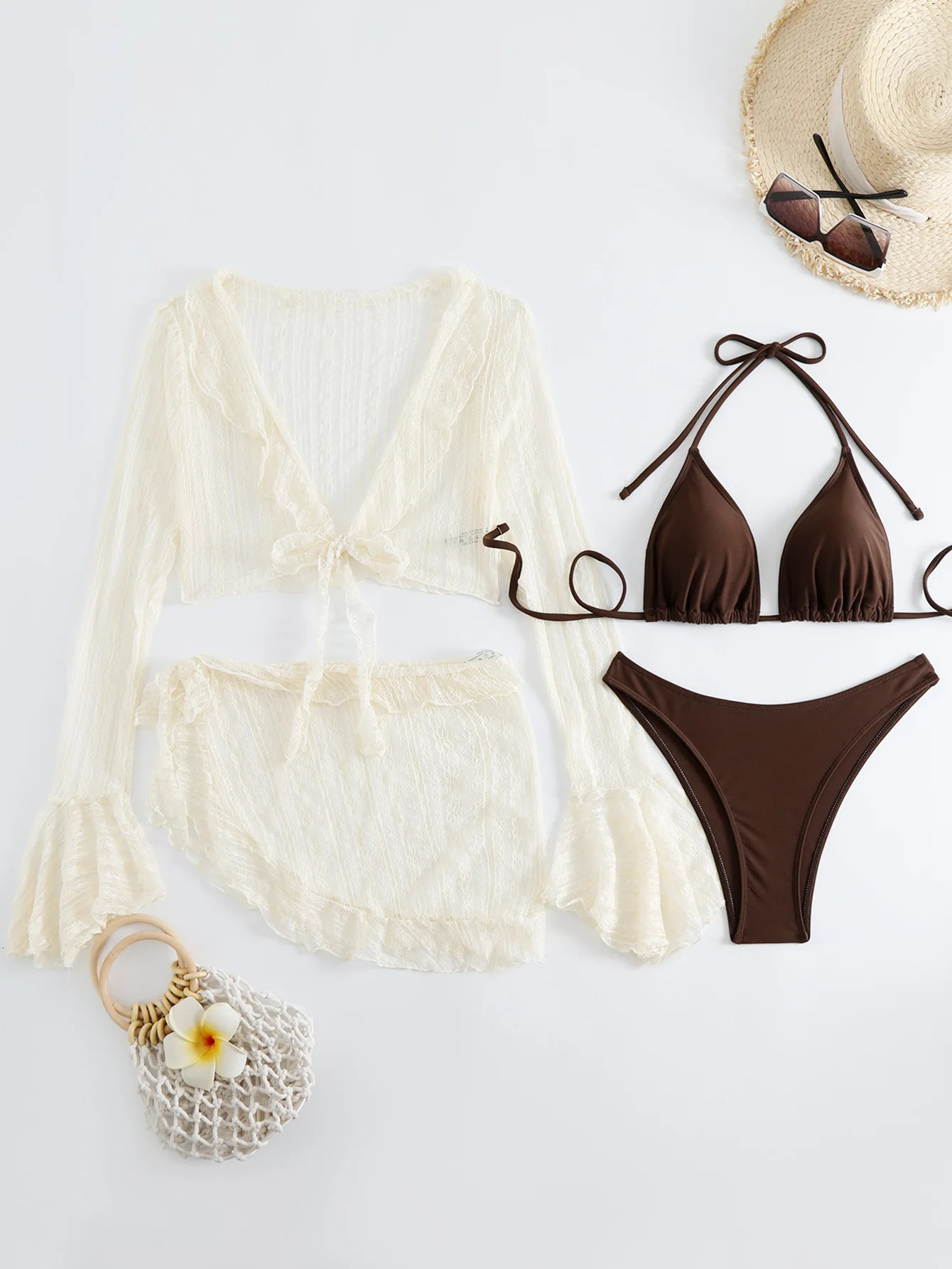Sexy 4piece swimsuit womens flange sleeve brown bikini set lace Korean beach suit 250320