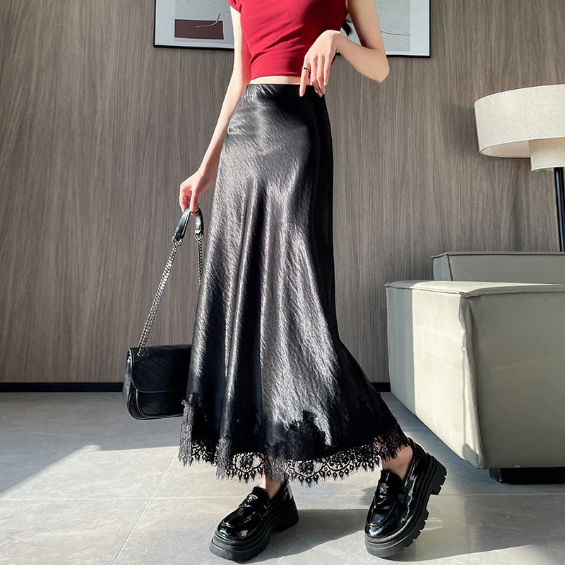 Seoulish Spring Summer Lace Patchwork Stain Womens Long Skirts 2025 Elegant High Waist Chic A-line Maxi Skirts Female 250320