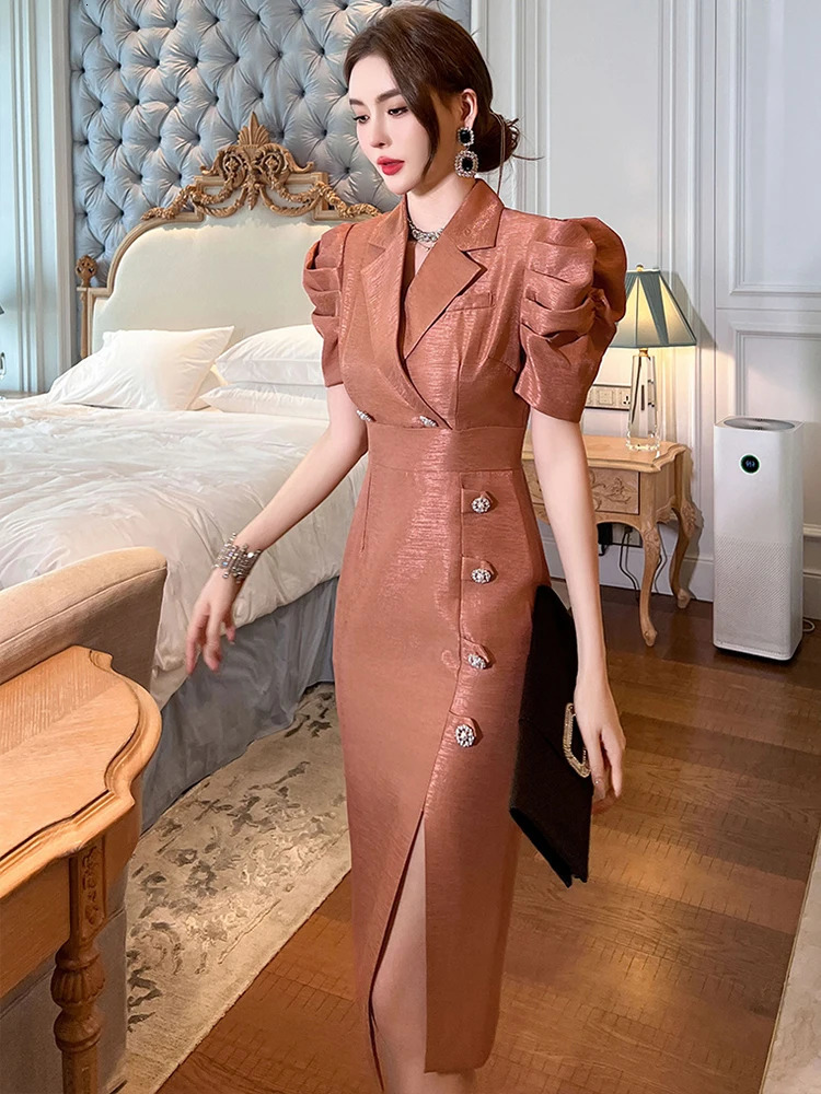 Professional Fashion Dress Women Celebrity Bright Silk Satin Bubble Sleeve Slit Robe Female Business Party Vestidos Office Lady 250320