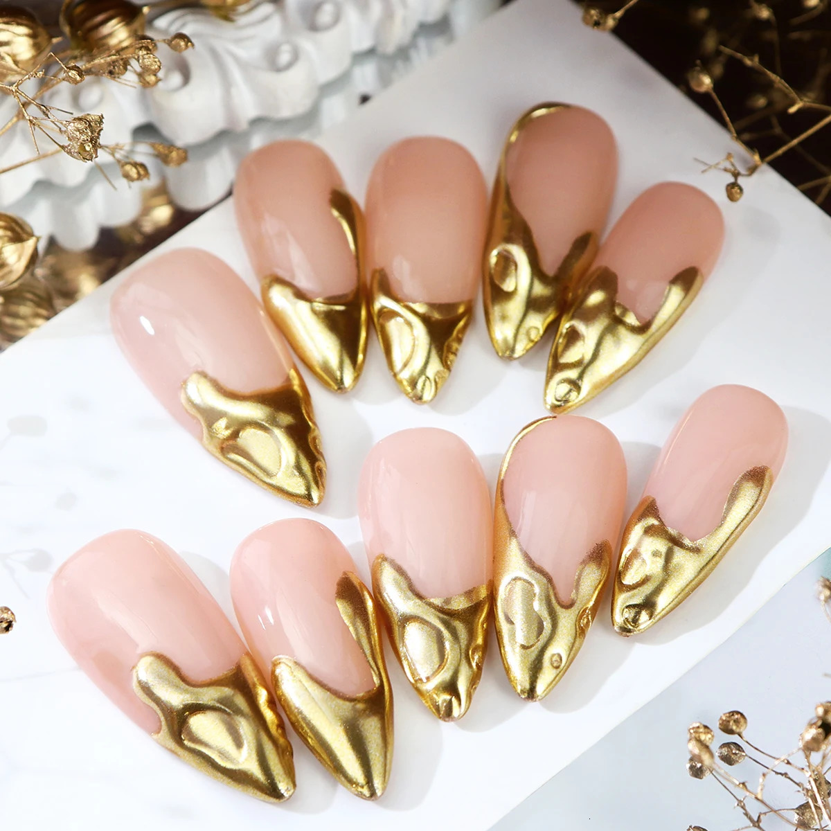 10pcs Pure Handmade 3D Gold Press on Nails Metallic Long Almond Fake Nails Reusable Full Coverage Fake Nail Tips 250319
