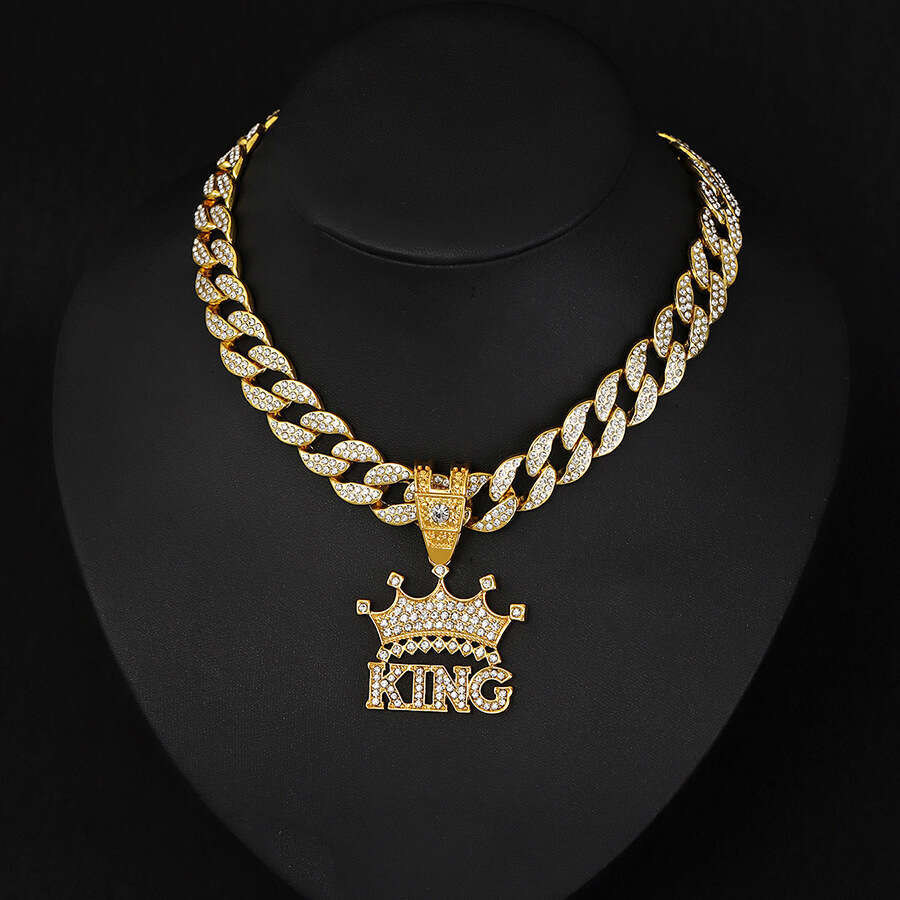 Hip hop with full dia letters, crown, KING zinc pendant, trendy cool alloy necklace accessories, men's
