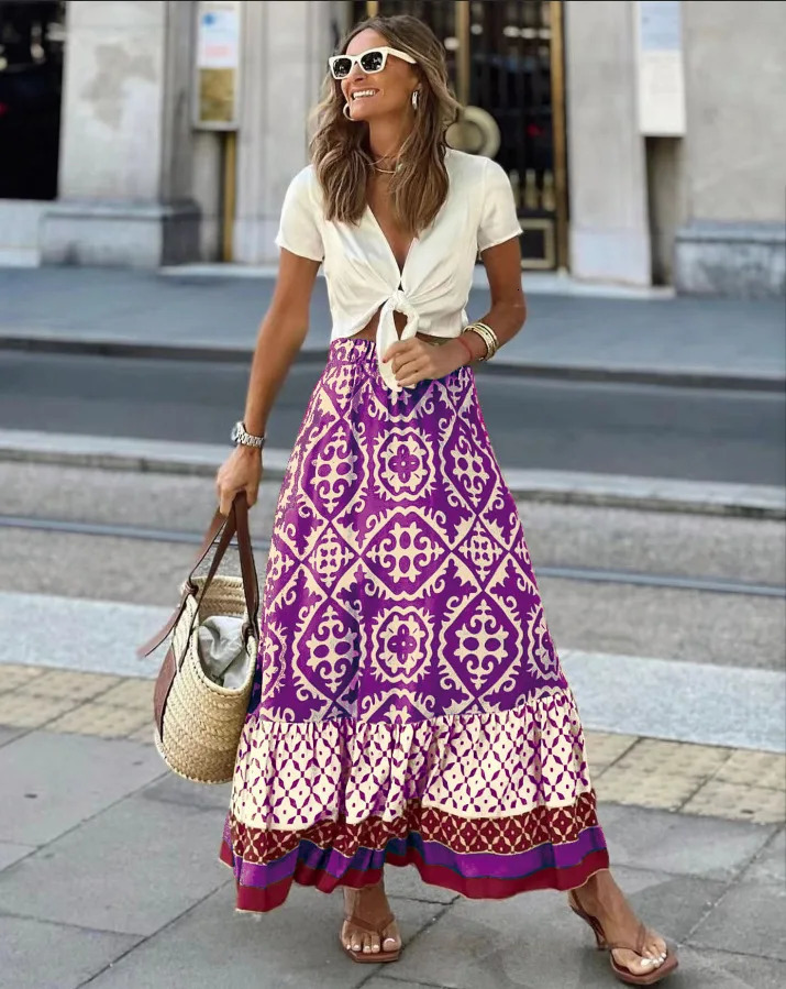 boho print maxi skirt women fashion high waist 3D printting long dress casual loose summer high waist skirts for women 250320