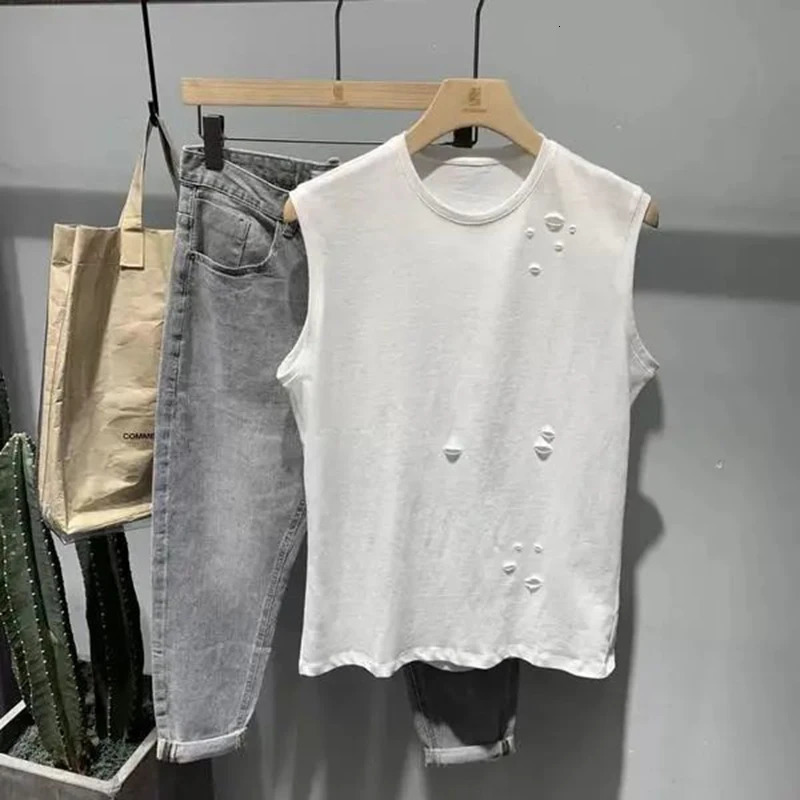100% pure cotton bra sleeveless tear hole mens tank top Korean street fashion trend 2xl oversized T-shirt hip-hop street clothing 250318