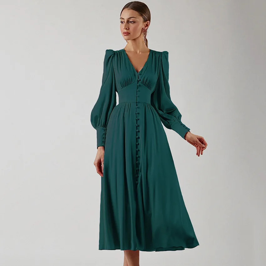 White Single Breasted Elegant Dress For Women Party Robe High Waist Satin Long Dress Sexy Lantern Sleeve Midi Dresses 250320