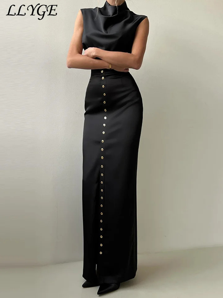 Elegant Crop Top Skirt Set Women Turtleneck Sleeveless Vest High Waist Button Long Skirts 2025 Spring Lady Satin Solid Outfits 250320