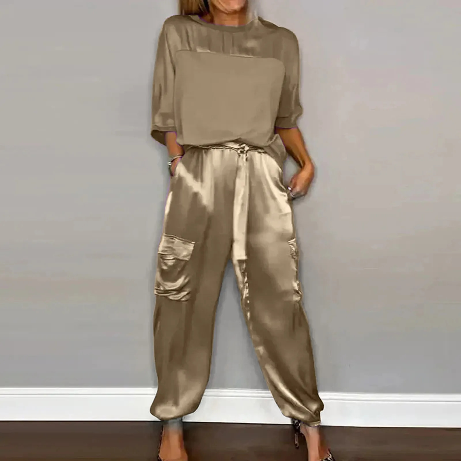 Summer Fashion Solid Satin Two Piece Set Women Round Neck Long Sleeved Top Long Pants Casual Loose Soft Female Top Trousers 250320