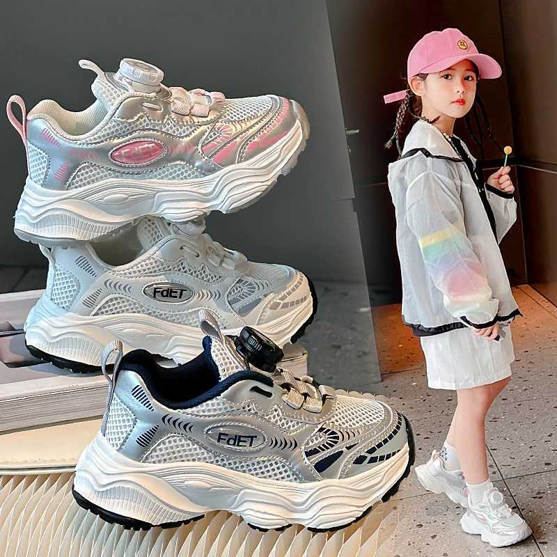 2024 Summer Childrens Mesh Sneakers Rotating Button Preschool Girls Fashion Sneakers Breathable Boys Mesh Sneakers Childrens Walking Shoes PinkT250321