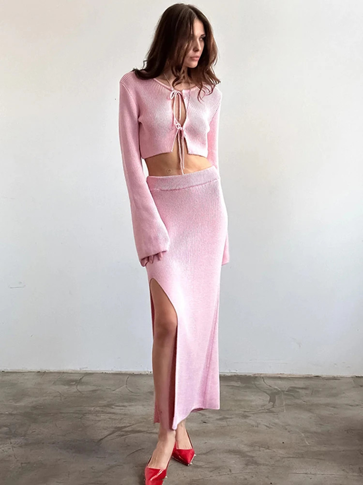 TARUXY Fashion Knitted Cardigan Skirt Suit Female Lace Up Full Sleeve Top High Slit Long Skirt Summer Womens Elegant Dress Sets 250317