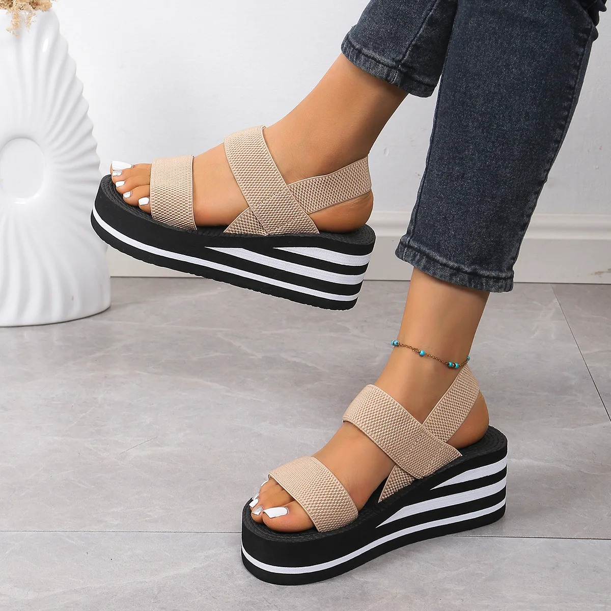 Womens Leisure Wedge Sandals Open Toe Thick Soled Platform Summer Casual Shoes Back Strap Light Weight Ladies Slingback 250321BJ - view 7
