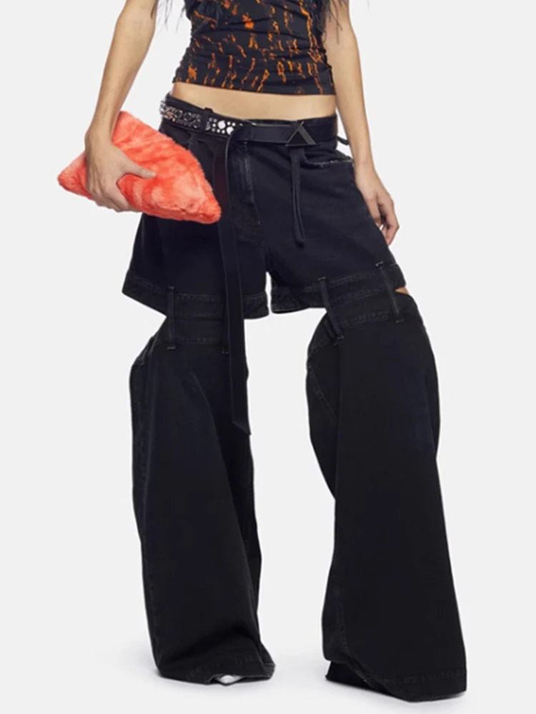 Womens loose waist zipper hollow solid color wide leg long leg jeans autumn trendy 250314