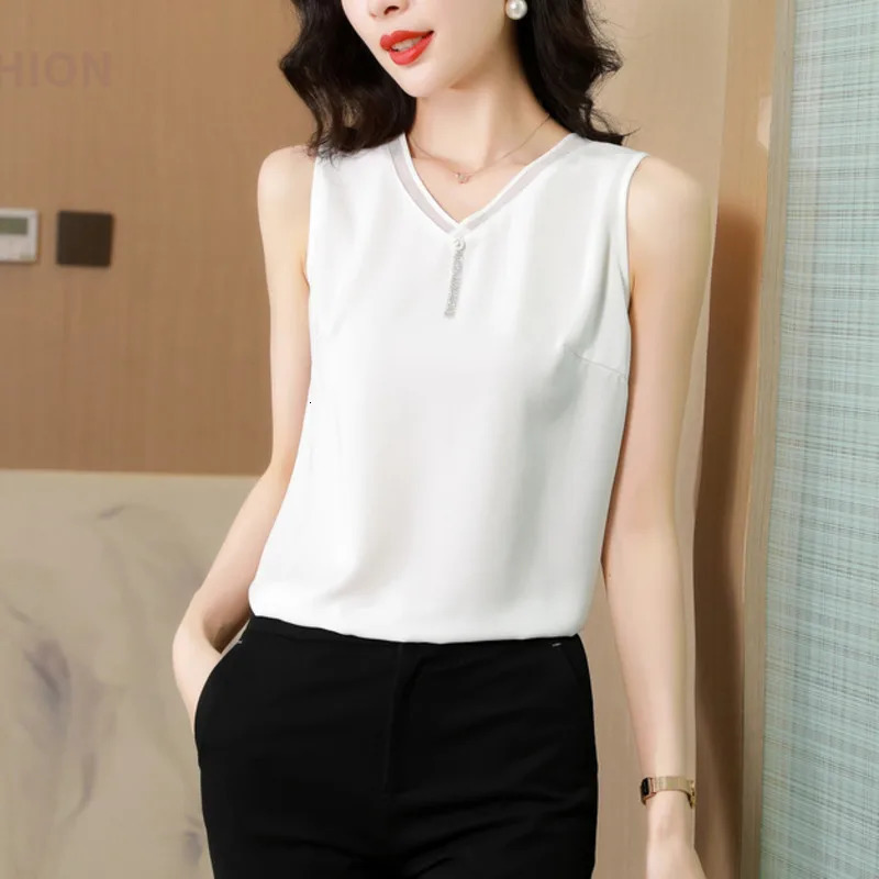 #1205 Black White Chiffon Tank Top Women V-neck Sexy Short Top Female Sleeveless M-4XL Outerwear Office Top Woman Summer 250320