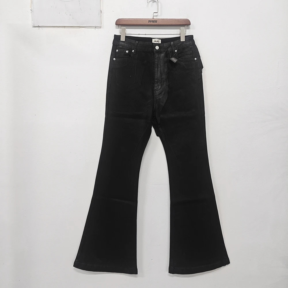 PFNW High Street Coated Brushed Micro Flare Drag Black Jeans Mens Loose Elastic Waxing Trouser Niche n 28W5688 250317