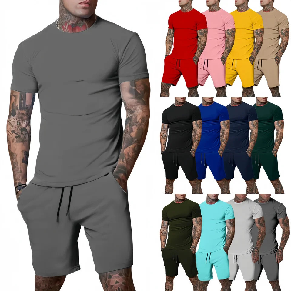 Mens sports suit mens two-piece sportswear short sleeved T-shirt and shorts set running and fitness sportswear summer 250320