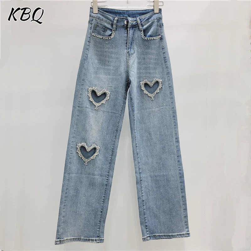 KBQ Solid Splicing Diamond Street Womens Jeans High Waist Splicing Zipper Hollow Straight Jeans Autumn Womens 250320