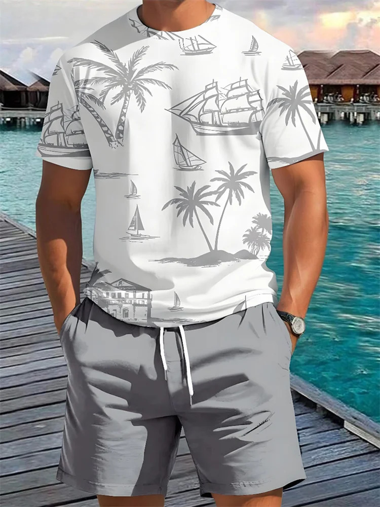 Summer 2-piece casual daily mens short sleeved shorts set Hawaii print mens T-shirt outdoor sports mens beach shorts set 250314