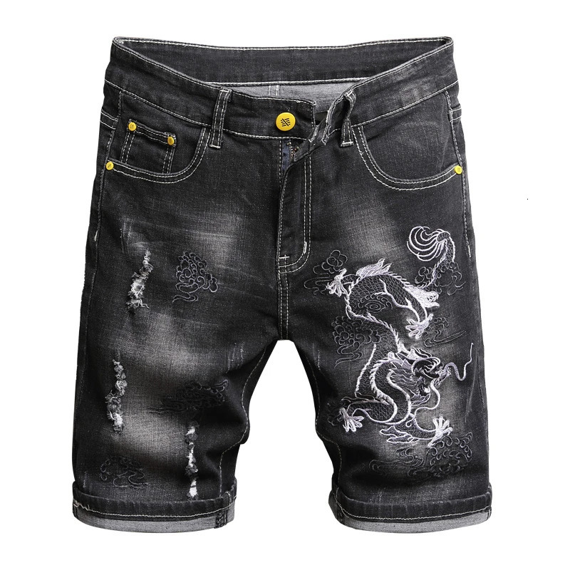 Black denim shorts jeans silver dragon embroidery perforated s fashionable slim fit loose jacket hiphop high street 250312