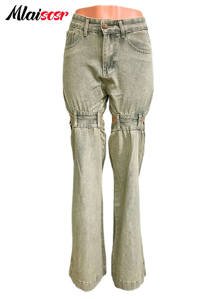 Mlaiscr Retro Hollow Spliced Denim Pants Womens Button High Waist Wide Leg Jeans Straight Trouser Street Clothing Bottom 250314