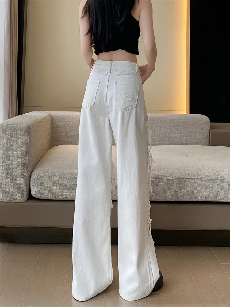 Ropa Y2K Fashion White Pocket Lace Hollow Tear Stacked Jeans Womens Clothing Hip Hop Women Trouser Pantalon Women 250320